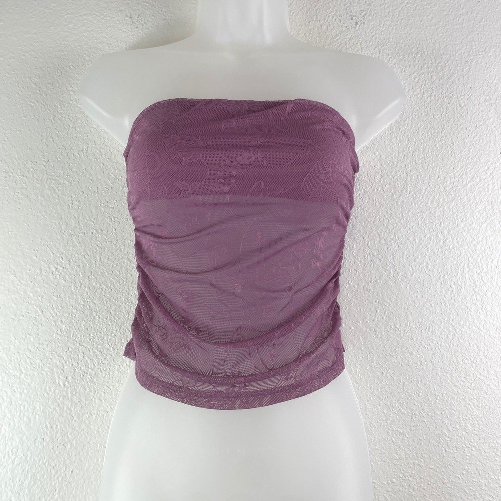 I.AM.GIA Ruched Lace Tube Top Small Mauve Purple Y2K Fairy Coquette Mesh Sheer